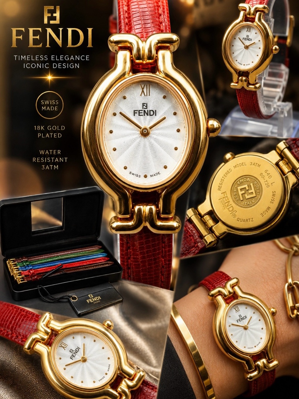 Fendi Gold-Plated Oval Watch with Red Leather Strap & Interchangeable Bands